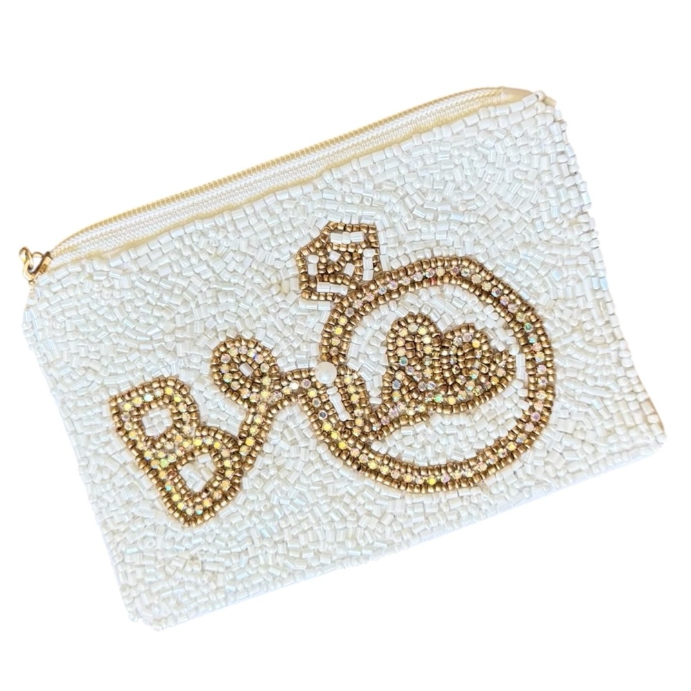 Handmade Bride Diamond Ring Beaded Coin Purse Pouch Zipper White & Gold New!